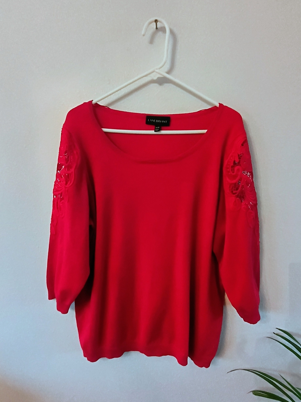 Lane Bryant 22/24 Red Lace Sleeve Sweater Top Plus Size Romantic Holiday 3/4 Sle